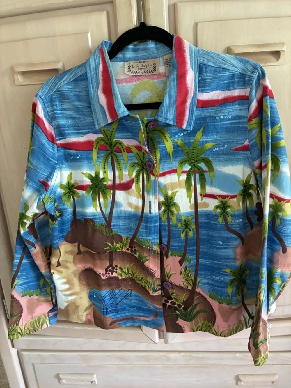 Tropical Palm Print Button-Up Jacket in Blue, Green, Pink Life‎ Style Brand